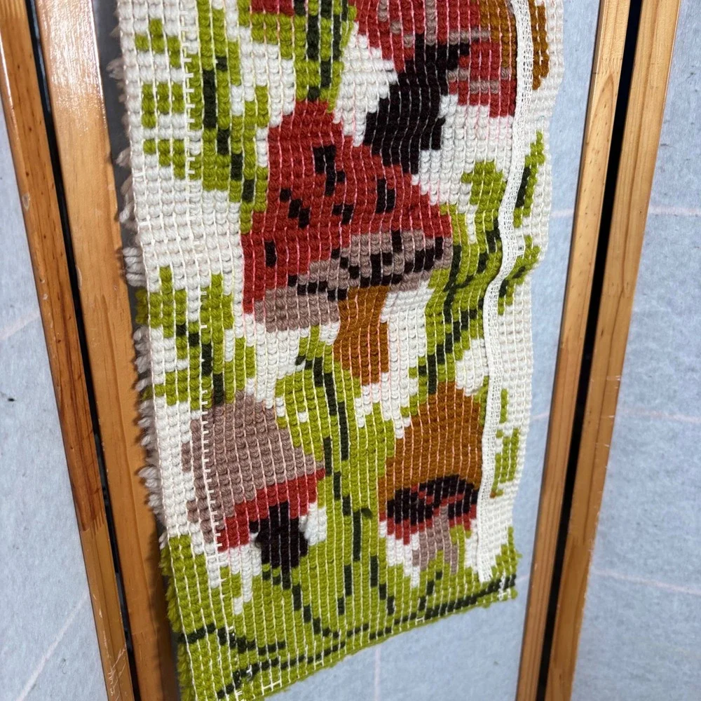 Vintage Mushroom Latch Hook Rug Tapestry Wall Hanging 27x12 Retro‎ Kitsch